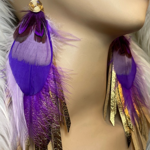 Gold Foiled Genuine Leather Fringe Purple Feather Earrings - Picture 6 of 15
